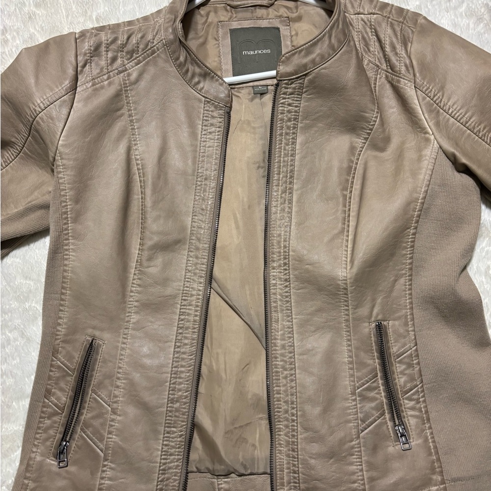 Maurices Tan Leather Jacket with Ruched Shoulders and Tailored Fit